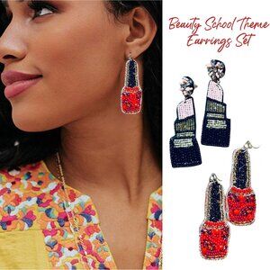 Set of 2 Pairs Seed Bead & Crystal Rhinestone Earrings Beauty School Theme NEW